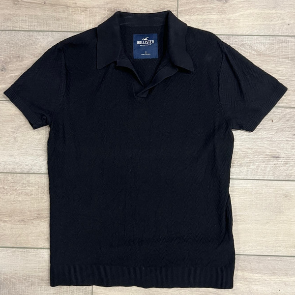 Hollister Herringbone Polo Sweater Black Men Small Short Sleeve Collared V-Neck - Picture 1 of 3